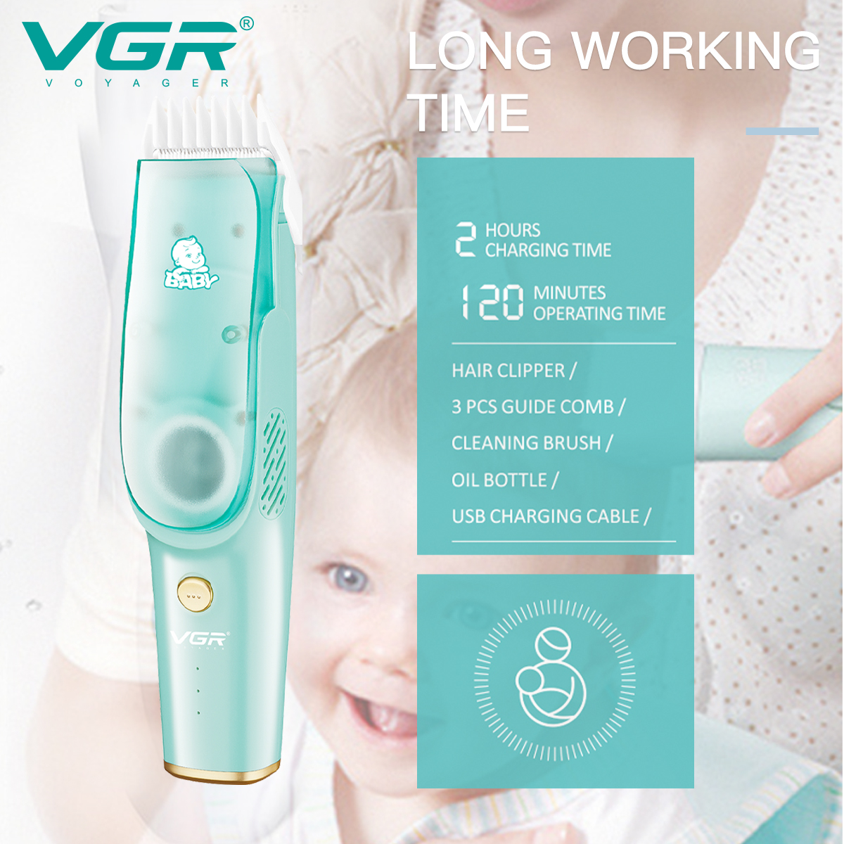 VGR151 Baby Automatic Hair Suction and Cutting Device, Digital display silent, baby Special clipper, children's ceramic electric clipper Specification image