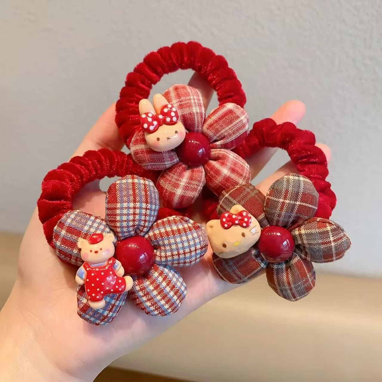 新年红色格纹花朵发圈儿童秋冬扎头绳可爱卡通丸子头皮筋女童发饰