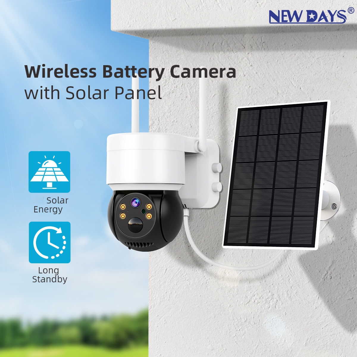 NEWDAYS品牌跨境新款太阳能低功耗球机无线WiFi室外高清监控摄像头，户外防水安防智能夜视高清AI移动侦测图