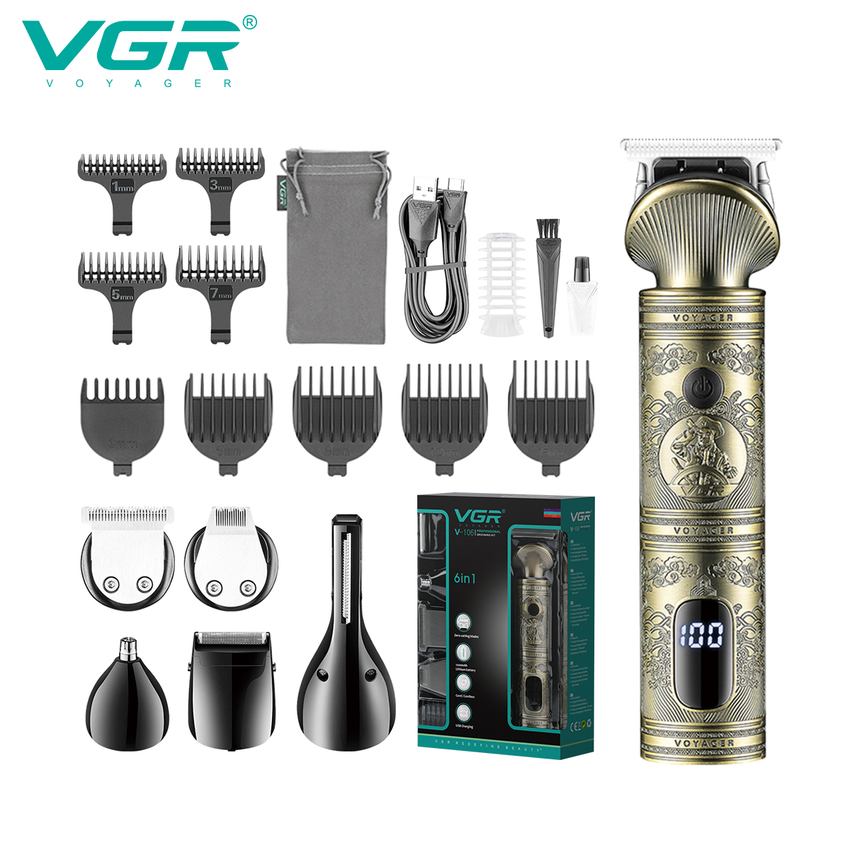 VGR106六合一套装剪发电推剪专业复古油头理发推剪专业电动理发器
