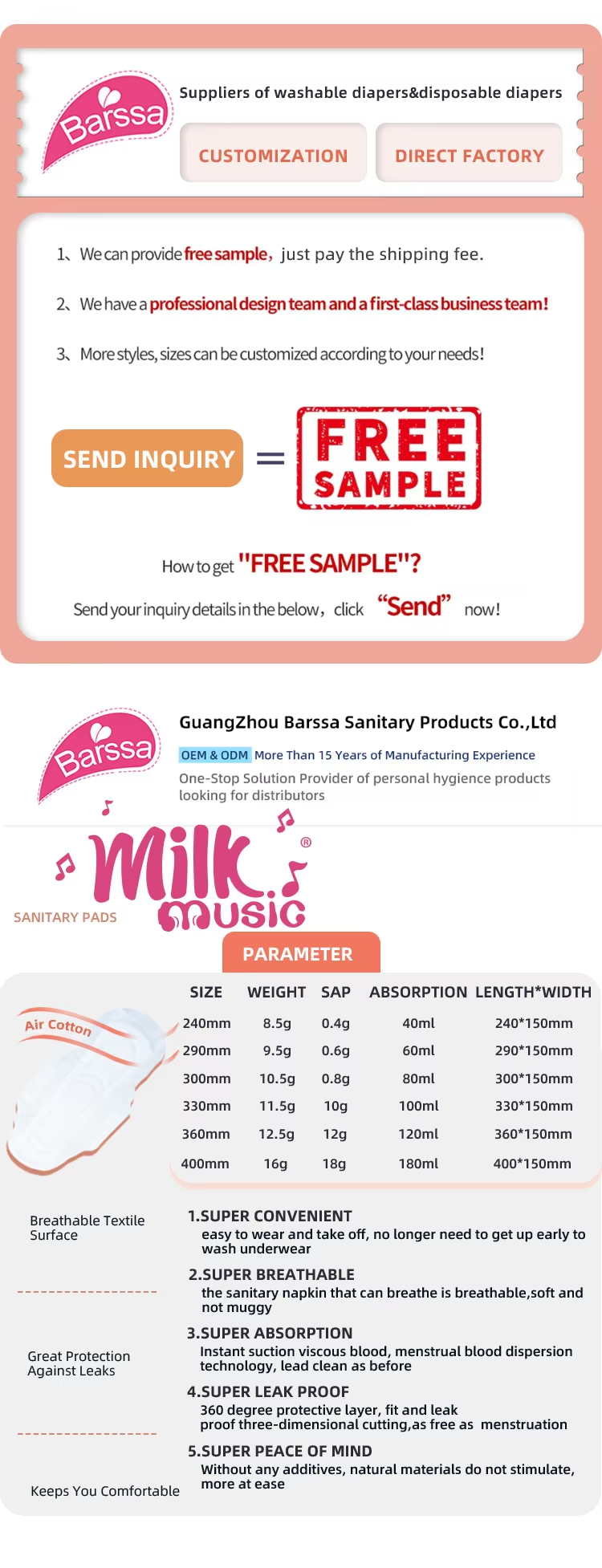 Milk Music sanitary pads卫生巾护垫组合舒适透气姨妈巾适用多款规格详情1