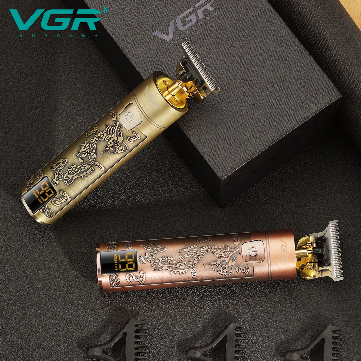 VGR076 Retro oil-head electric clipper, charging digital display hair clipper, Chinese-style dragon and phoenix metal engraved electric clipper Item Picture