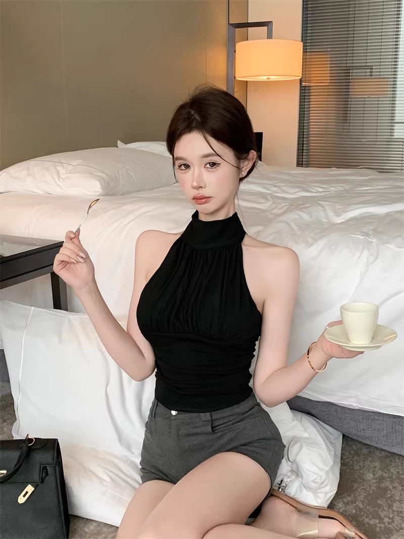 纯欲性感挂脖露背绑带抹胸背心带胸垫高腰修身直筒短款露脐纯上衣详情9