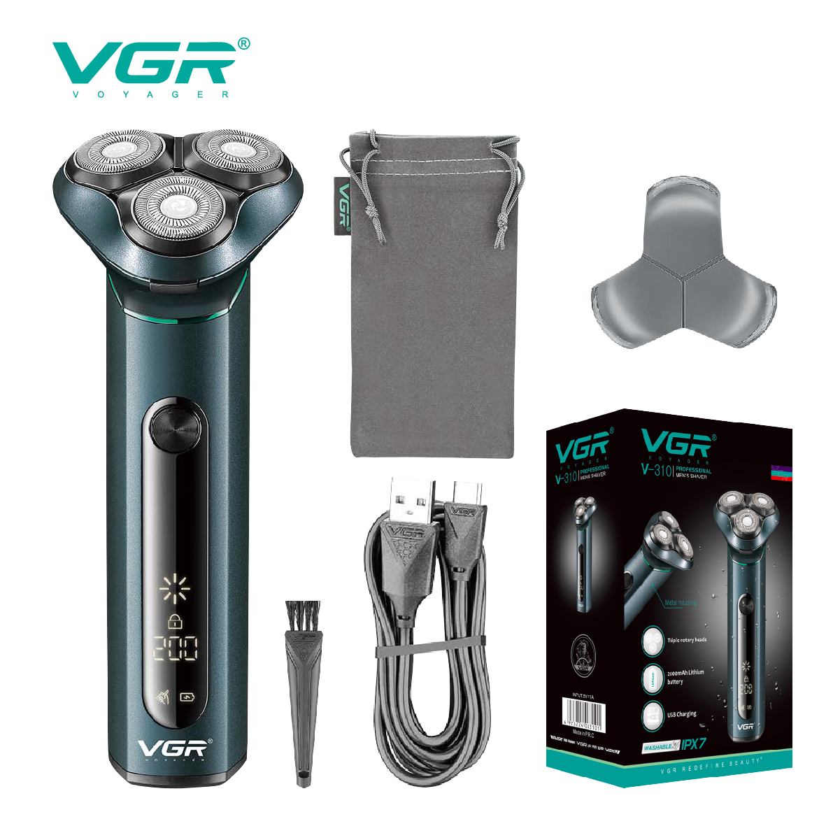 VGR310 metal body IPX7 water-washable men's floating razor with LCD display and ultra-long battery life