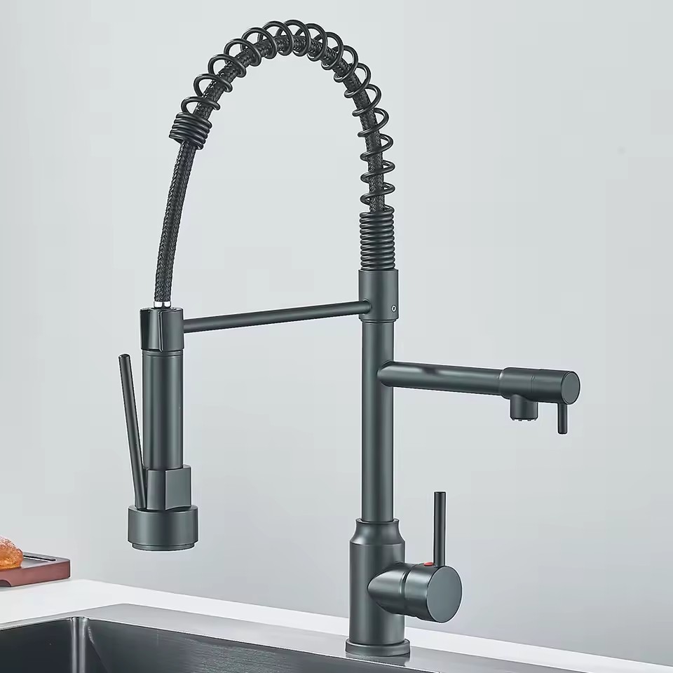 Cross-border black dual-function spring kitchen faucet, hot and cold universal rotating sink, splash-proof faucet Item Picture
