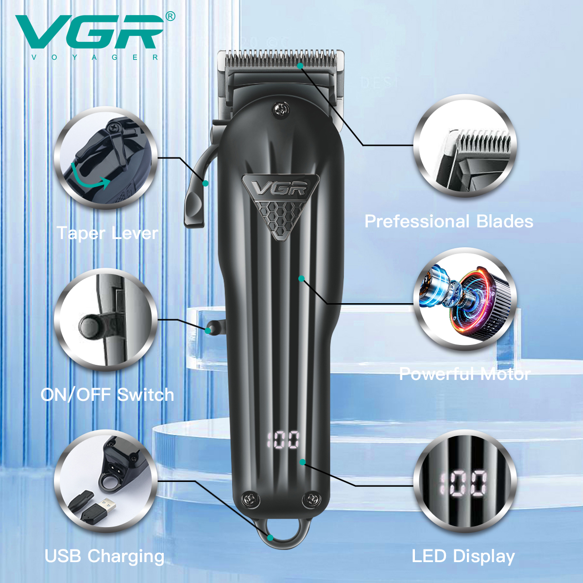 VGR282 new electric hair clipper, fine-tuning gradient electric clipper, USB rechargeable home electric clipper for hair salon details Picture