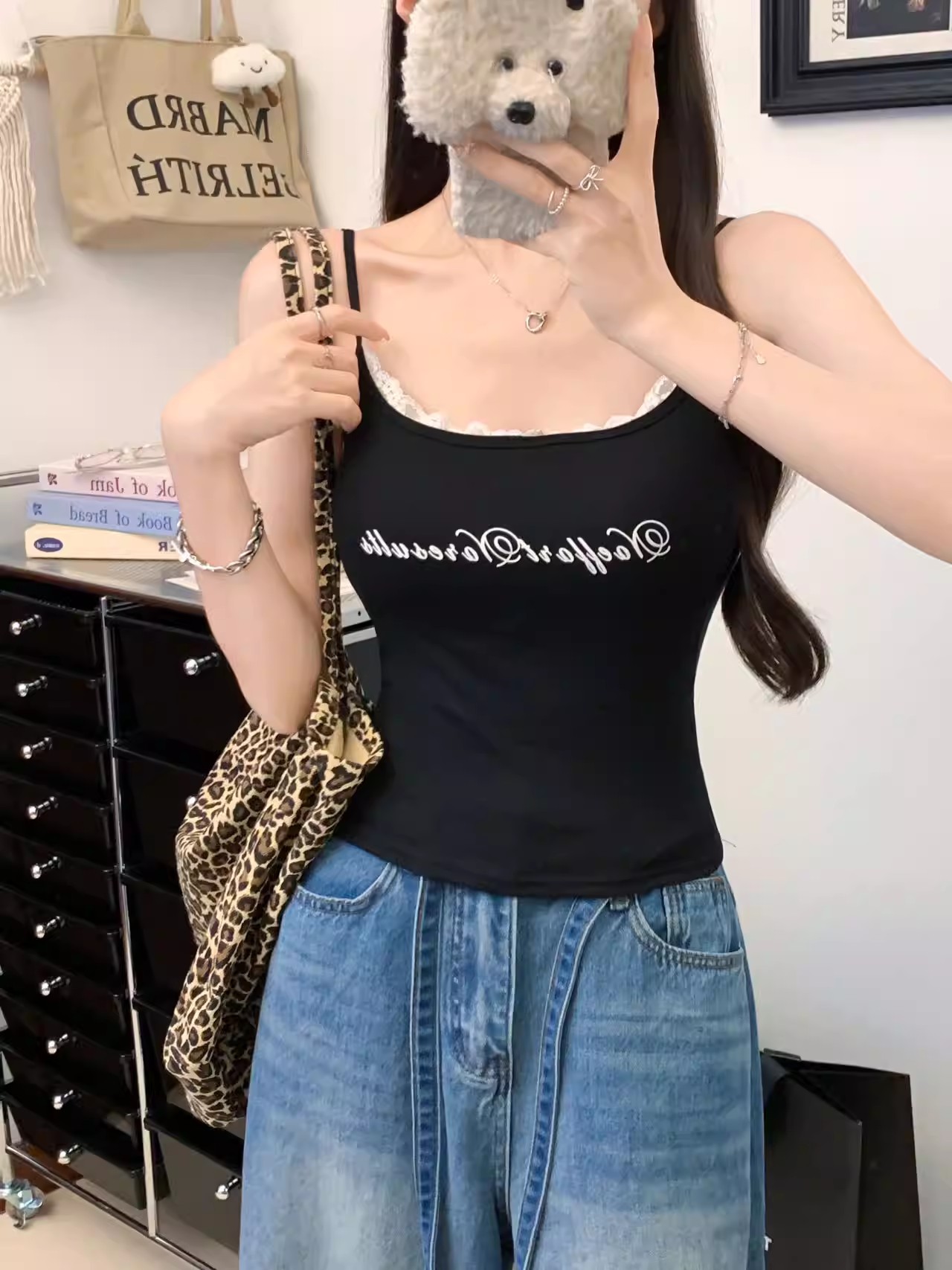 The hot girl patchwork small halter top is a top for women to wear inside and outside with a chest pad and letter-embroidered halter pic 5