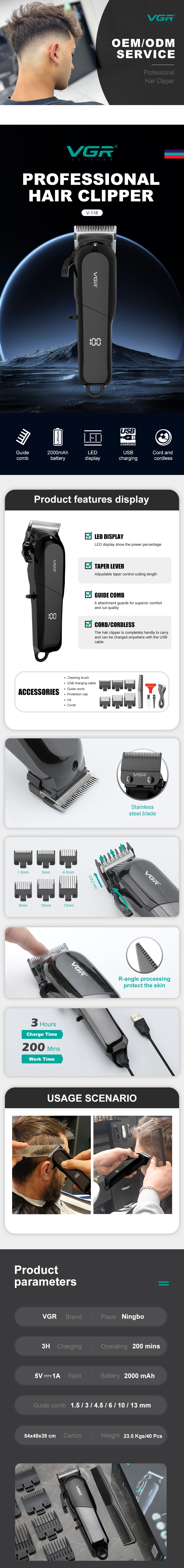 VGR Cross-border new type of electric hair clipper with adjustable blade head, men's hair shaver, home men's electric clipper V-118 pic 1