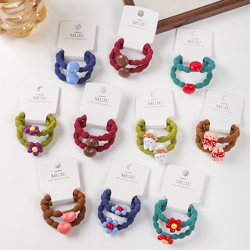 2条卡装儿童发绳甜美小兔爱心头绳高弹力加粗豆豆发圈宝宝皮筋