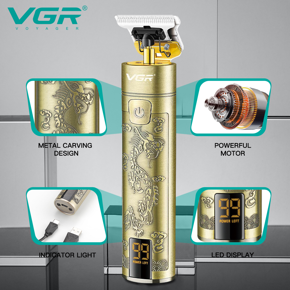 VGR076 Retro oil-head electric clipper, charging digital display hair clipper, Chinese-style dragon and phoenix metal engraved electric clipper details Picture