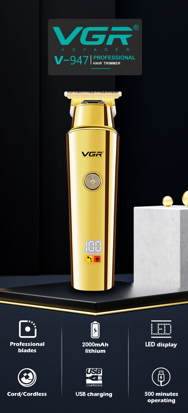 VGR947理發(fā)器電推剪批發(fā)家用電動頭發(fā)修剪器液晶數(shù)顯雕刻理發(fā)推剪詳情1