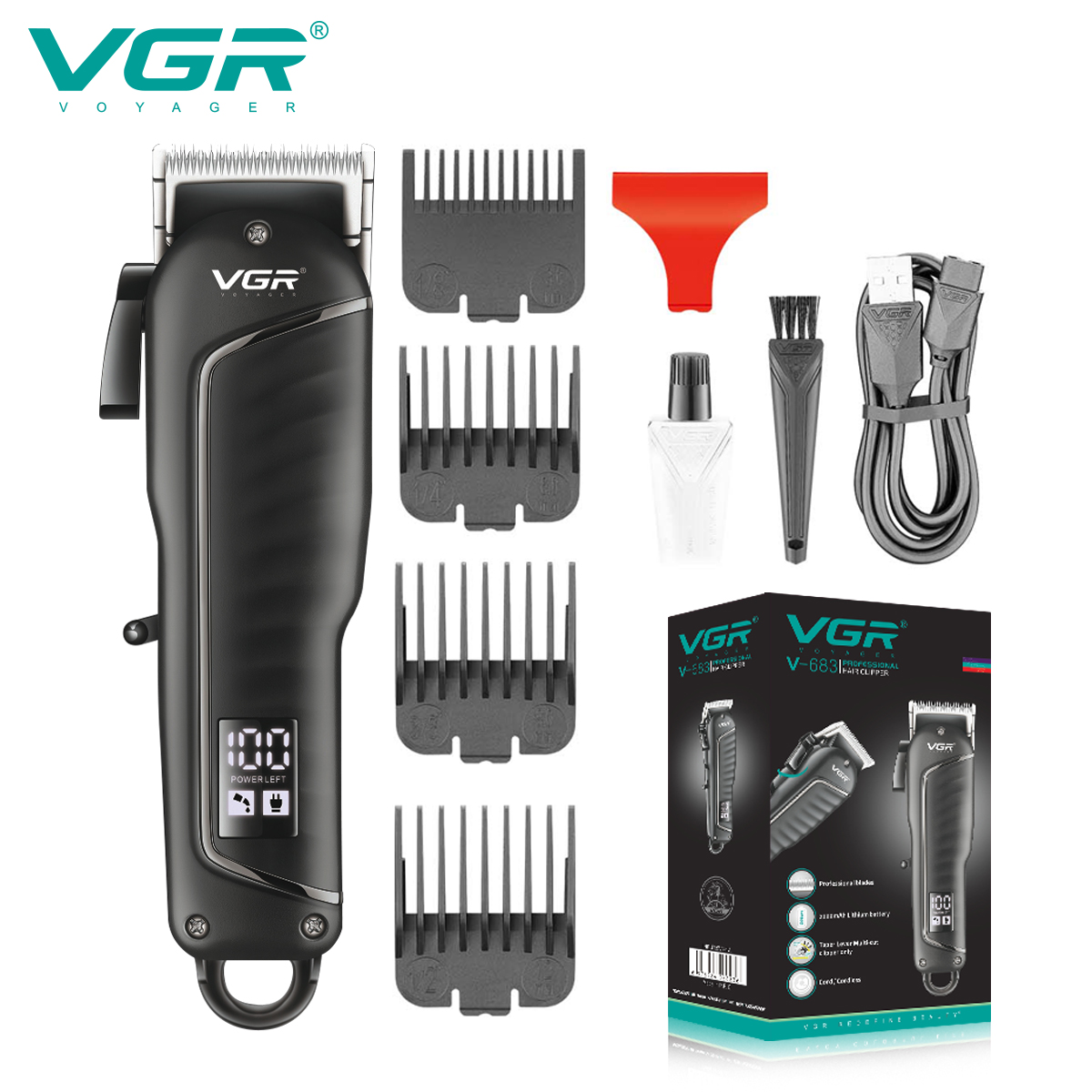 VGR683 LCD digital display electric high-power non-sticking USB electric clipper hair clipper oil head hair clipper