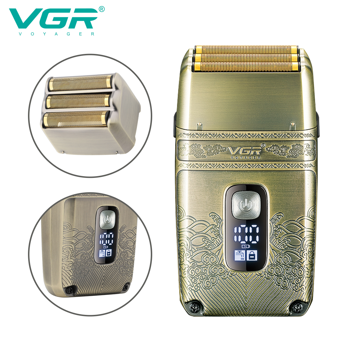 VGR335 Cross-border Reciprocating three-head shaver for whitening shaving, rechargeable men's IPX6 washable razor details Picture