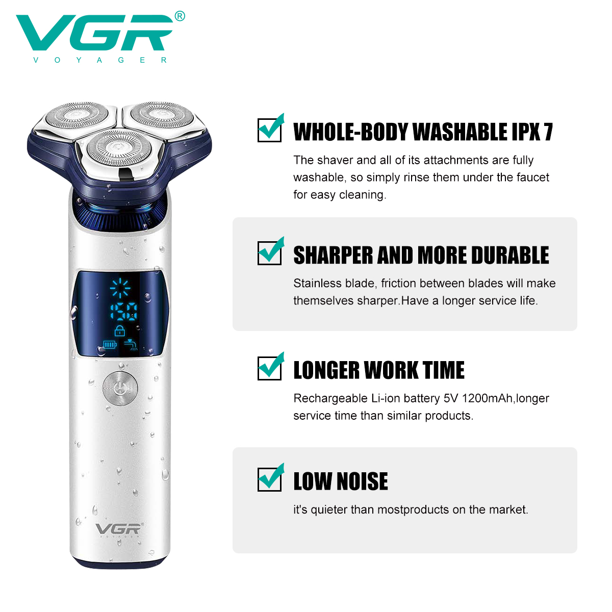 VGR328 men's shaver is a fully automatic IPX7 full-body water-washable three-head floating electric shaver details Picture