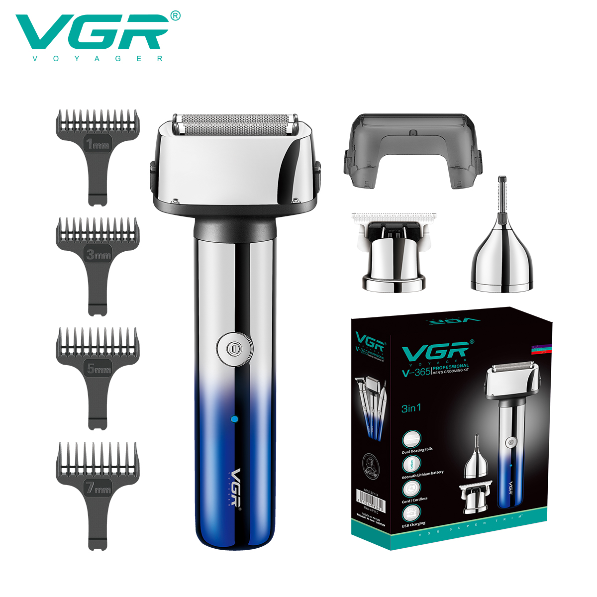 VGR Cross-border New reciprocating Razor, multi-functional three-in-one Eyebrow trimmer, gradient color electric clipper 365
