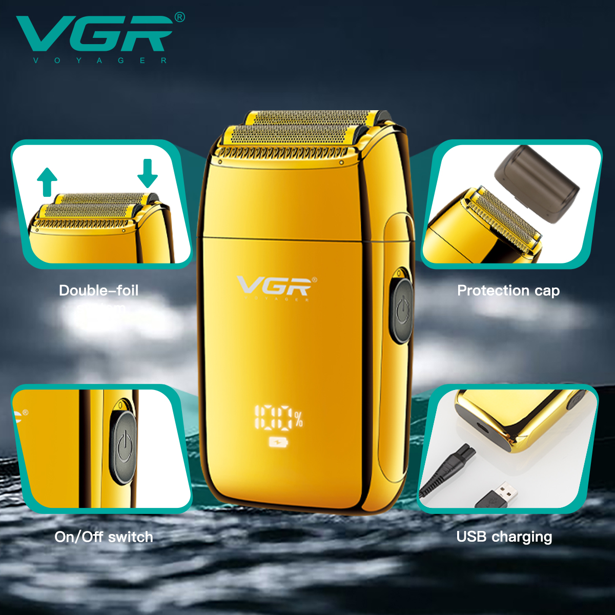 VGR's new cross-border retro digital display whitening razor, shaving razor, edge trimming, rechargeable shaving head and hair clipper is priced at 399 details Picture