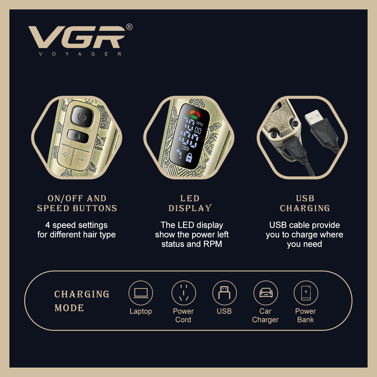VGR643 Professional hair salon electric hair clipper set, retro oil head rechargeable engraved electric hair clipper Item Picture
