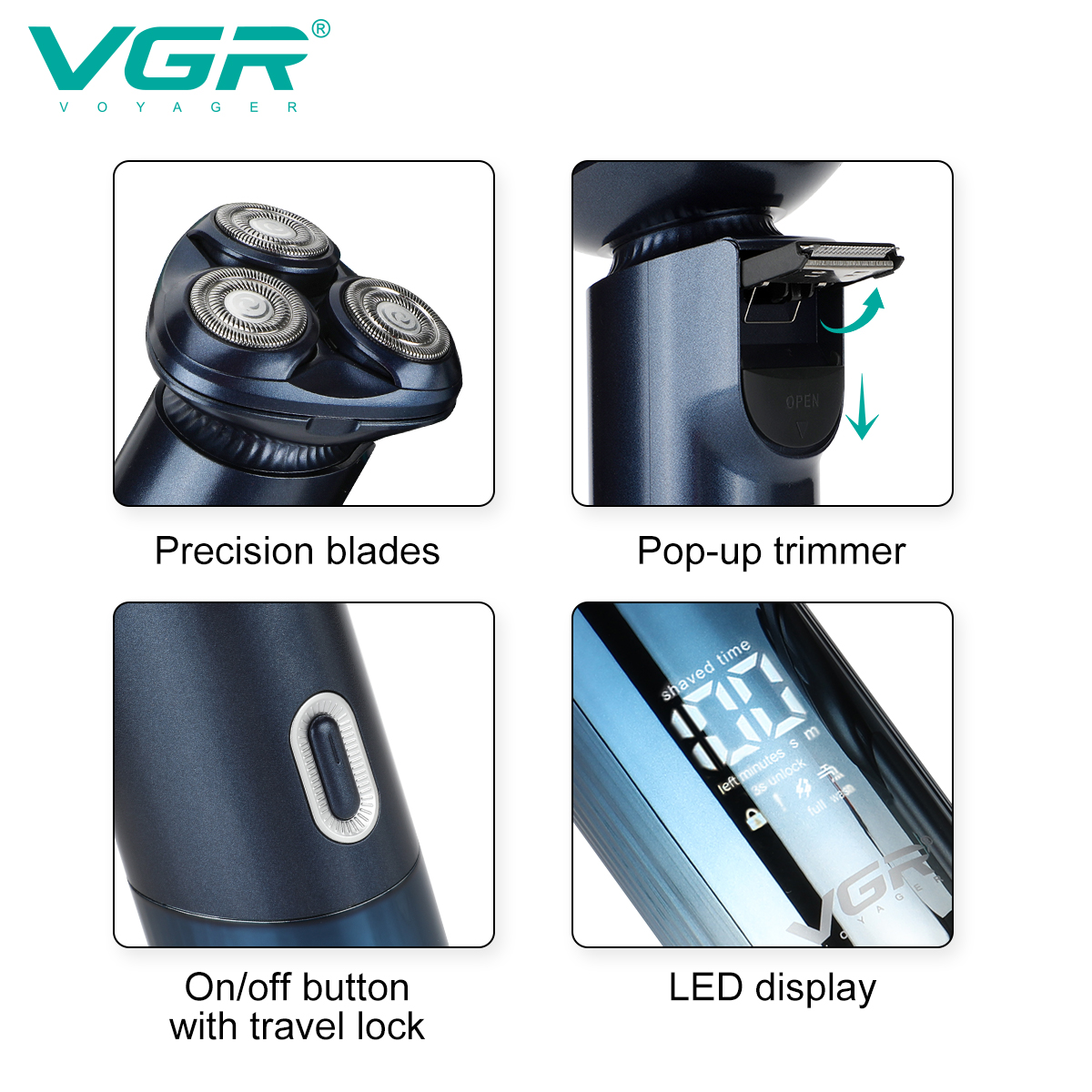 VGR392 Smart 3D Floating Electric Shaver, 7-level waterproof razor, three-headed men's beard razor Specification image