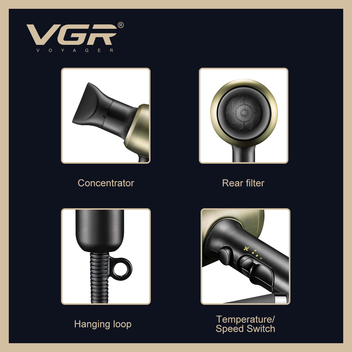 VGR453 Cross-border New Product High-power Hair Dryer, hair salon, household quick-drying, cold and hot air, retro hair dryer Item Picture