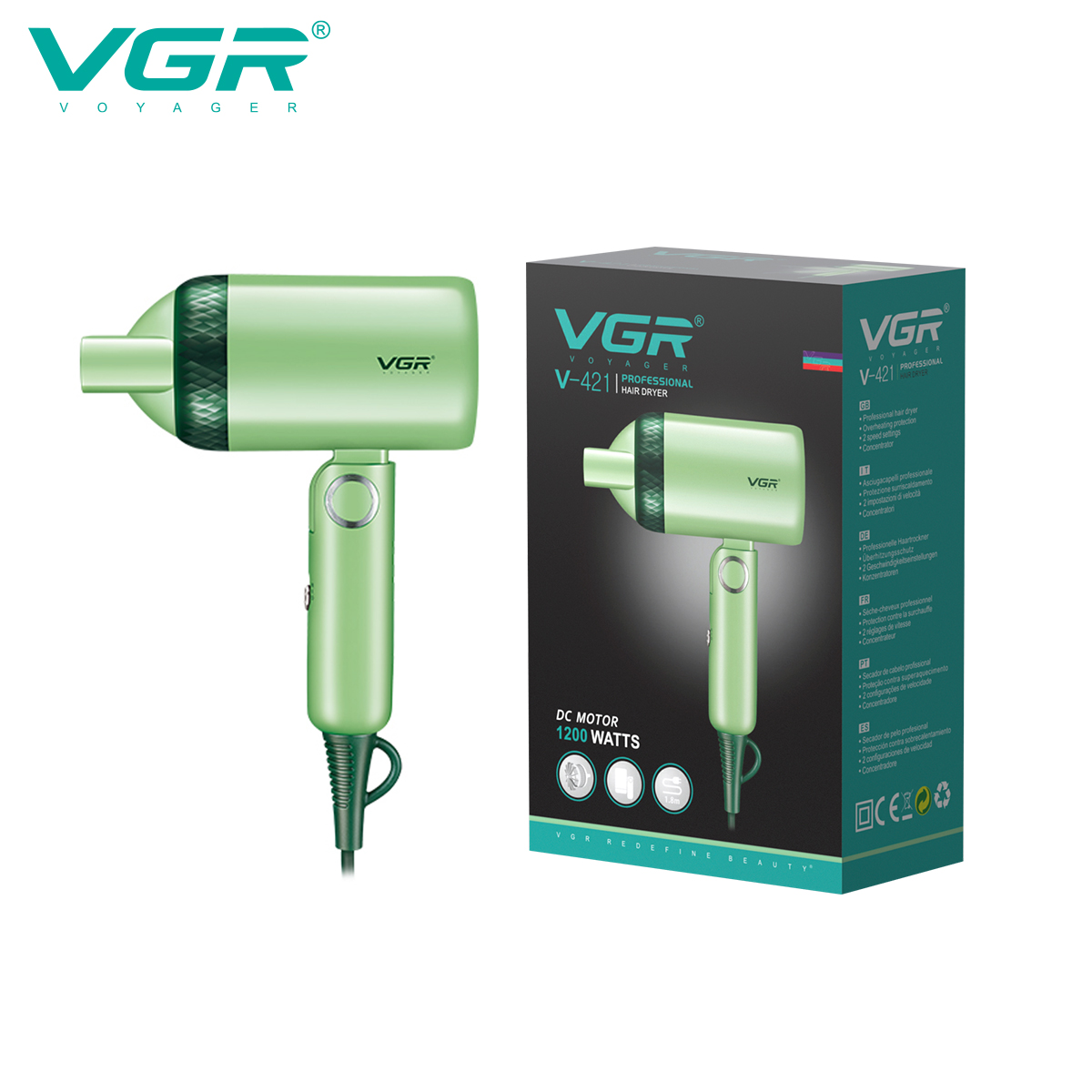 Wholesale VGR421 hair dryer, adjustable for household use, small dormitory, green hotel, mini foldable portable hair dryer