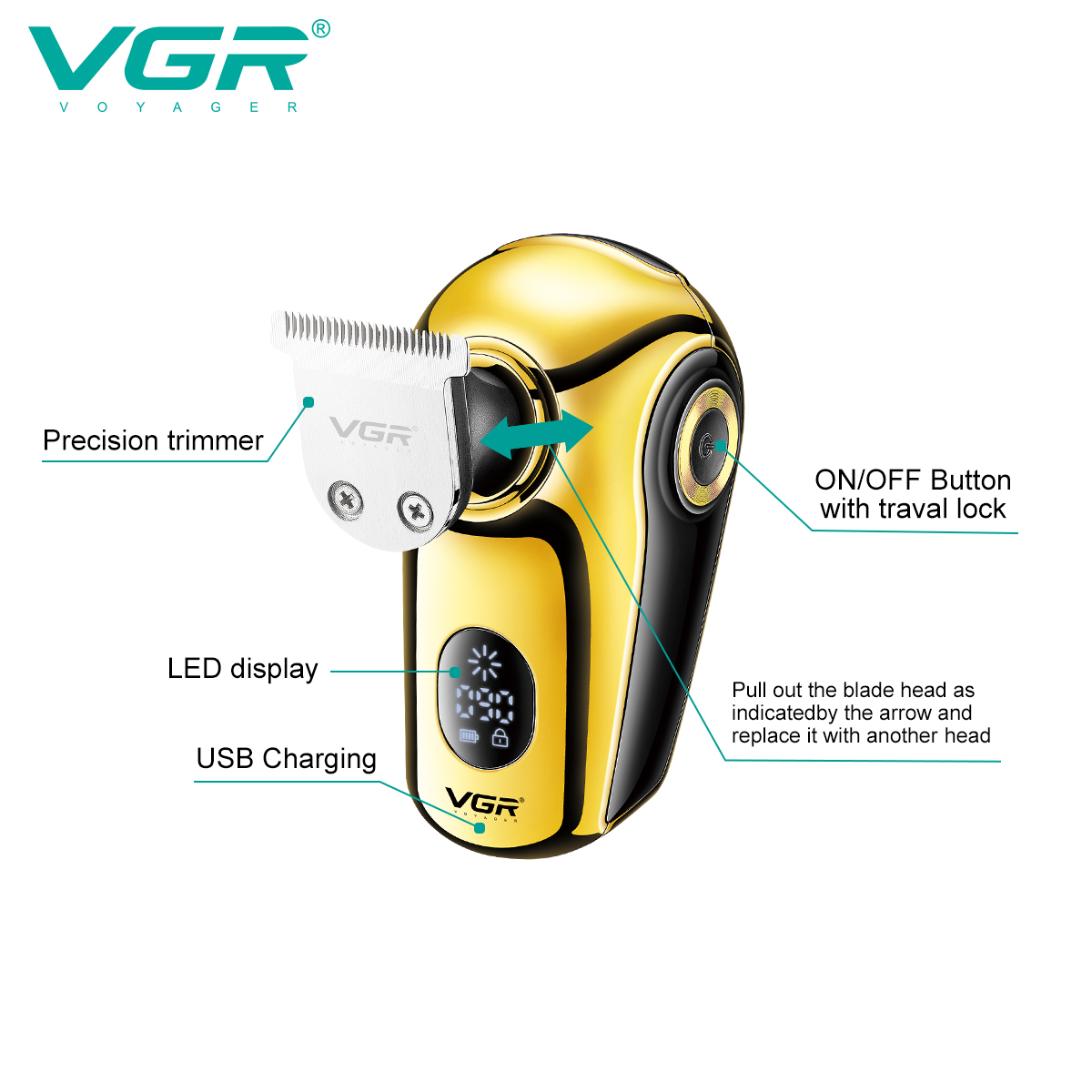 VGR396 6-in-1 Men's Set, full-body washable LCD digital display 6-in-1 rechargeable electric Bald shaver Specification image
