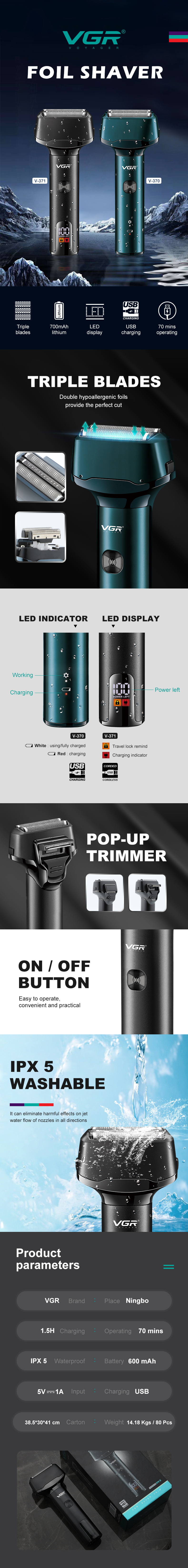 VGR371 Cross-border reciprocating rechargeable razor IPX5 washable shaving electric shaver for men pic 1