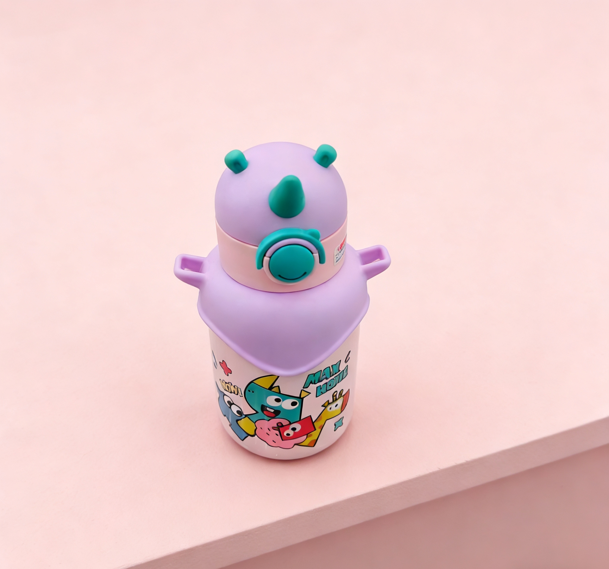 Cartoon pattern dinosaur-shaped children's stainless steel insulated cup with double-ear handle, portable straw insulated water cup wholesale Specification image
