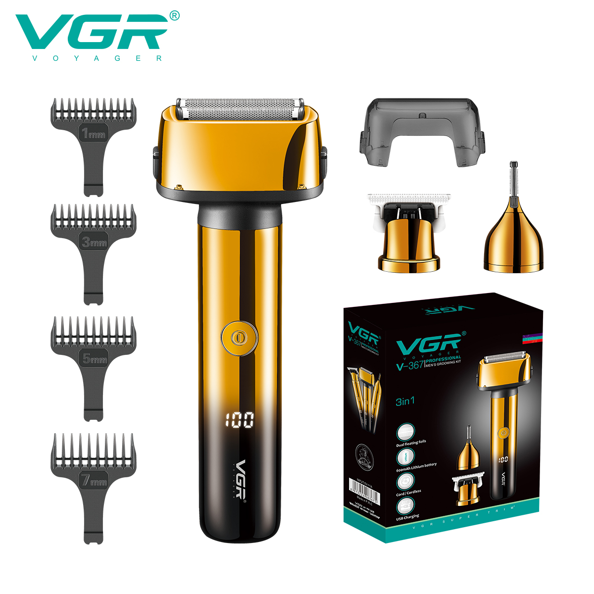 VGR Cross-border Reciprocating Razor Multi-functional three-in-one LCD digital display electric clipper Eyebrow Trimmer V-367