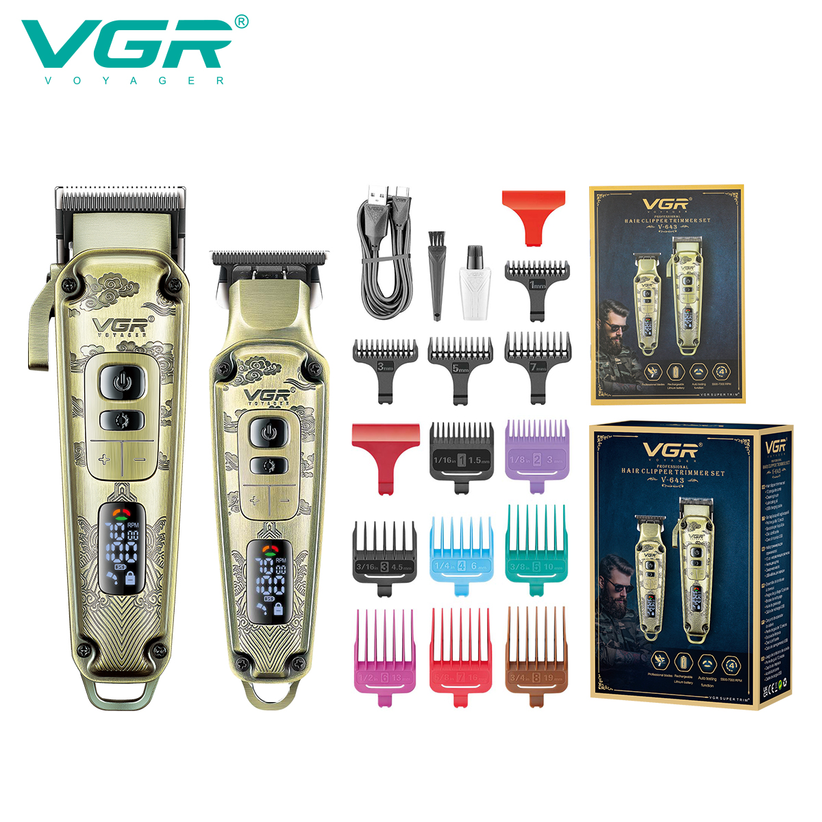 VGR643 Professional hair salon electric hair clipper set, retro oil head rechargeable engraved electric hair clipper
