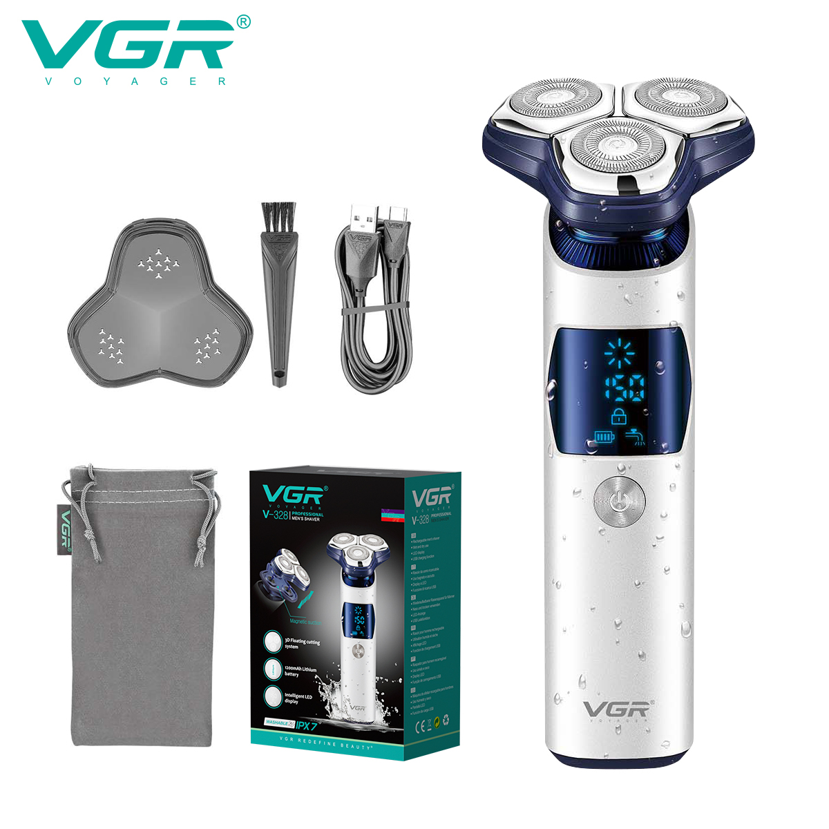 VGR328 men's shaver is a fully automatic IPX7 full-body water-washable three-head floating electric shaver