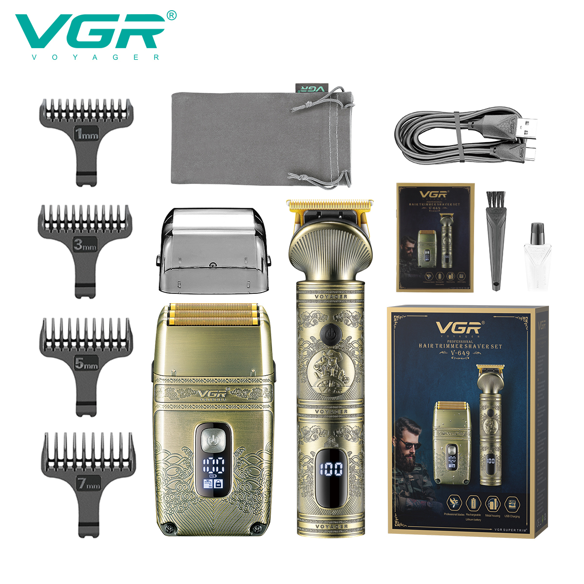 VGR649 Large and Small hair clipper set, Electric hair clipper, men's oil-tipped engraved electric clipper, electric shaver