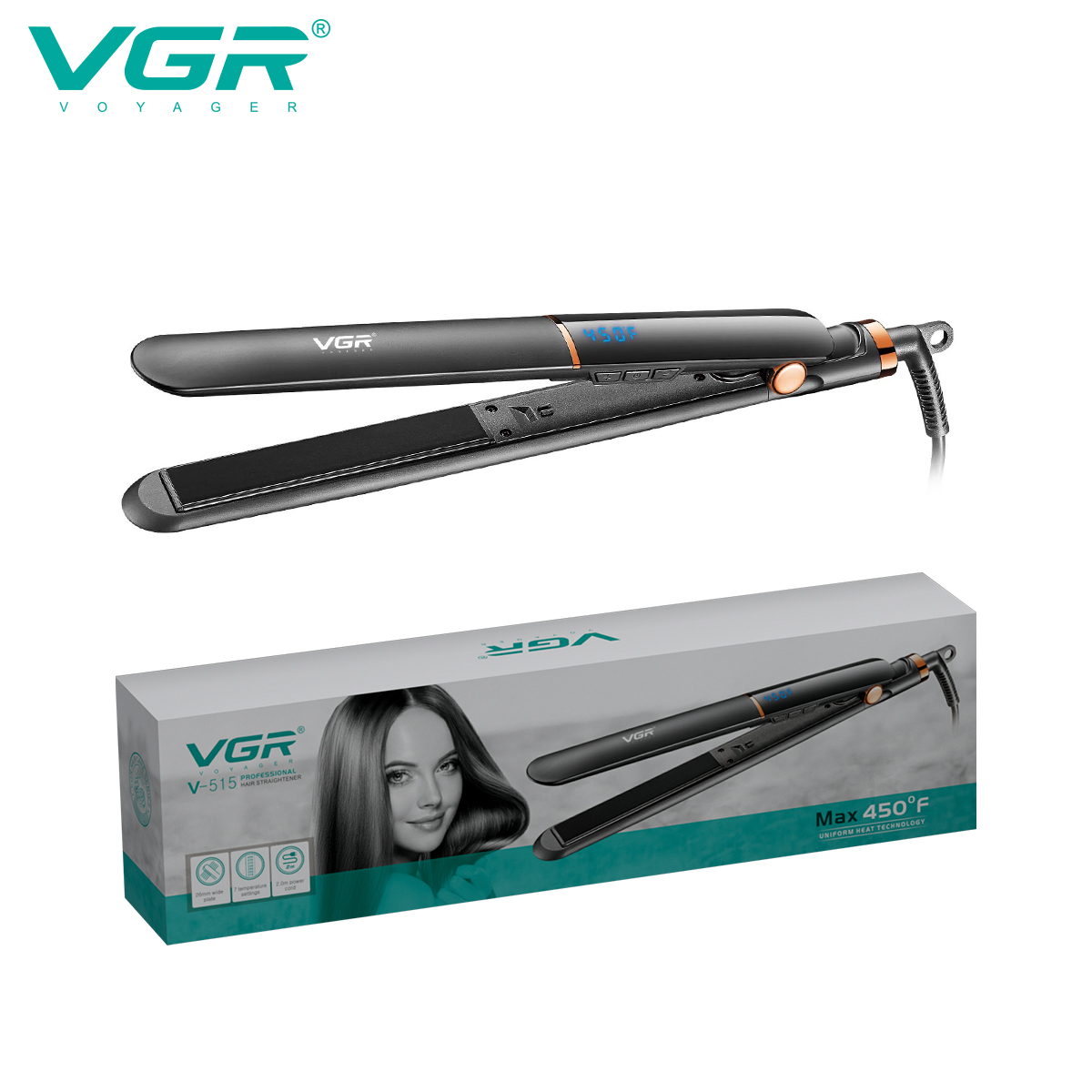 VGR515 Cross-border wholesale adjustable temperature Hair Straightener, export plate tourmaline ceramic straight plate straightener