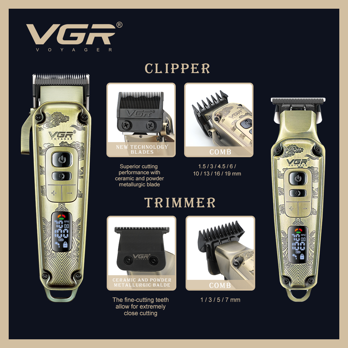VGR643 Professional hair salon electric hair clipper set, retro oil head rechargeable engraved electric hair clipper Specification image