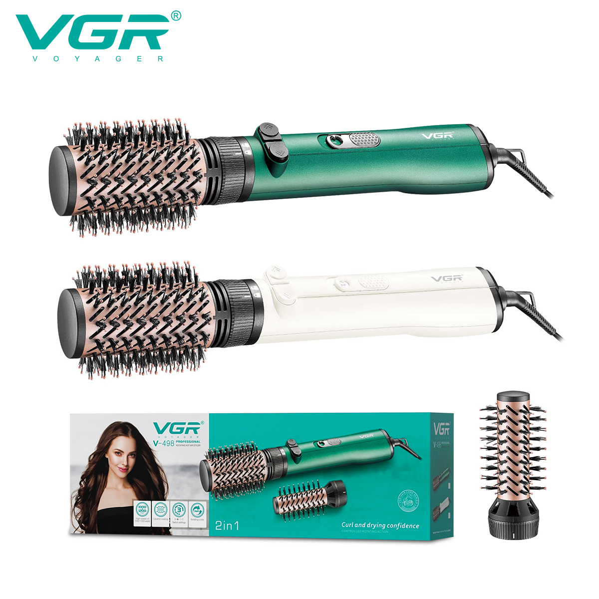 VGR498 Cross-border new two-in-one 360° curling hair straightening comb, multi-functional dry and wet dual-purpose hot air comb, hair dryer