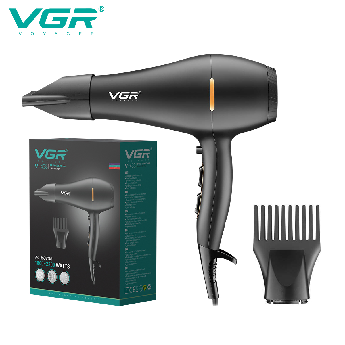 VGR Cross-border Hair Salon 3-speed Adjustable temperature Hair dryer, high-power cold and hot strong wind force constant temperature Hair dryer V-433