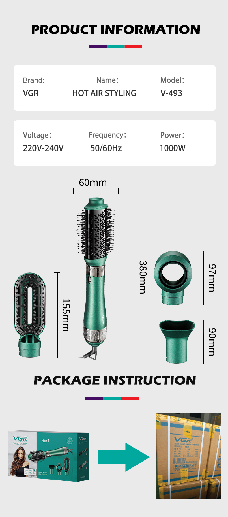 VGR493 Cross-border new four-in-one negative ion hair straightening comb, multi-functional dry and wet dual-purpose hot air comb, hair dryer pic 9