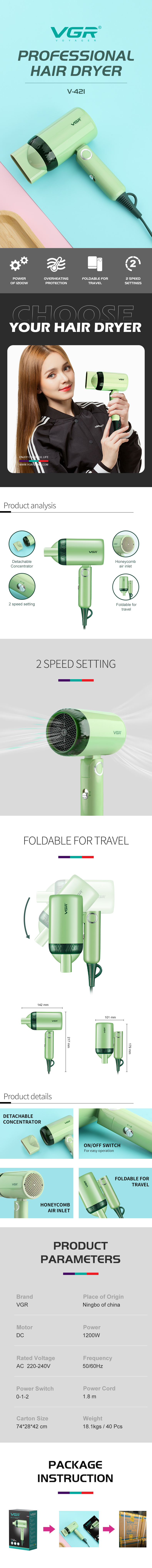 Wholesale VGR421 hair dryer, adjustable for household use, small dormitory, green hotel, mini foldable portable hair dryer pic 1