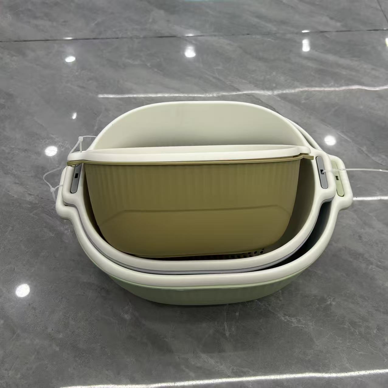 Zhenxing Double-layer draining basket, kitchen storage basket, water filter basket, fruit basket, multi-functional double-layer draining basket available in three sizes: small, medium and large. The multi-functional draining basket can be used for washing rice and vegetables Specification image