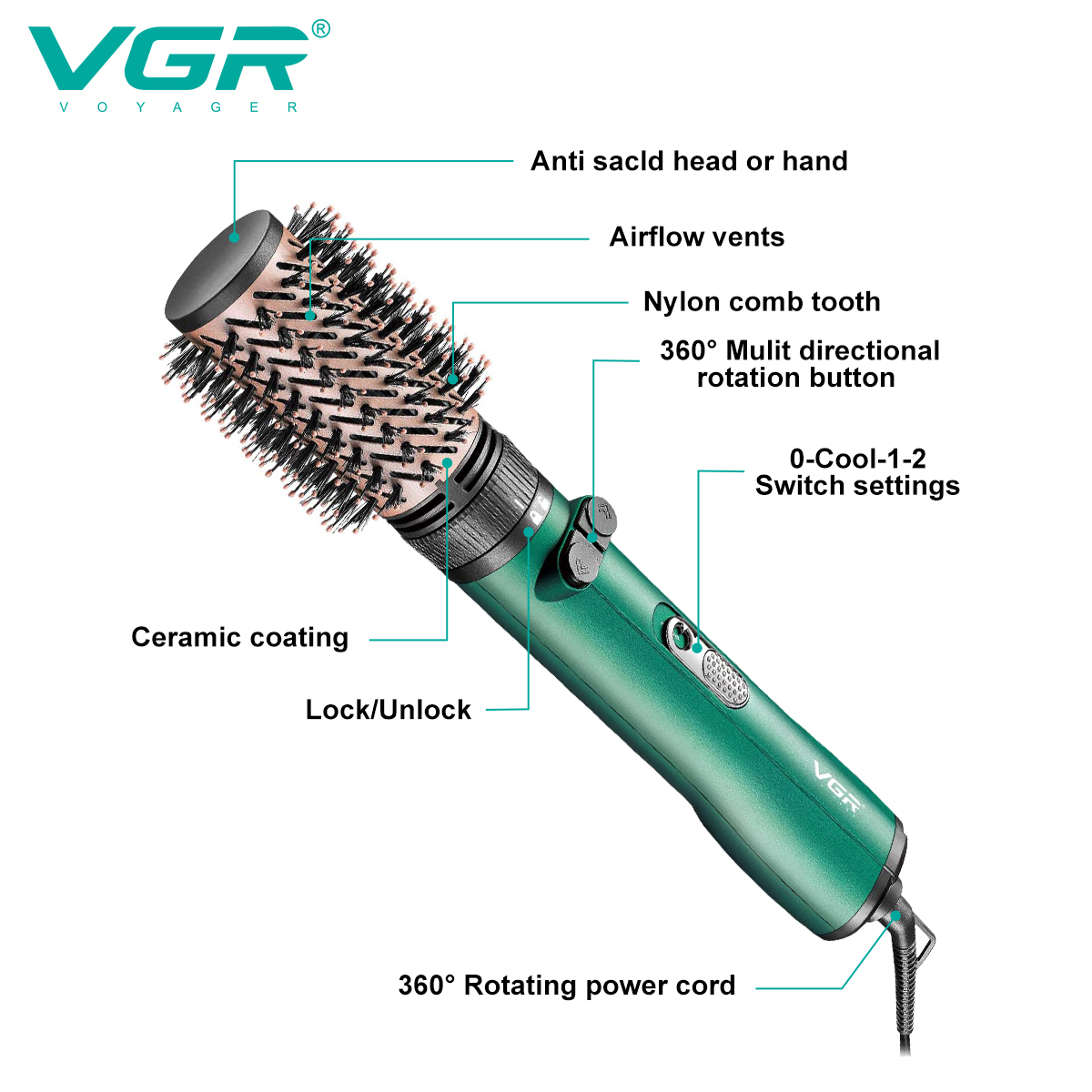 VGR498 Cross-border new two-in-one 360° curling hair straightening comb, multi-functional dry and wet dual-purpose hot air comb, hair dryer details Picture