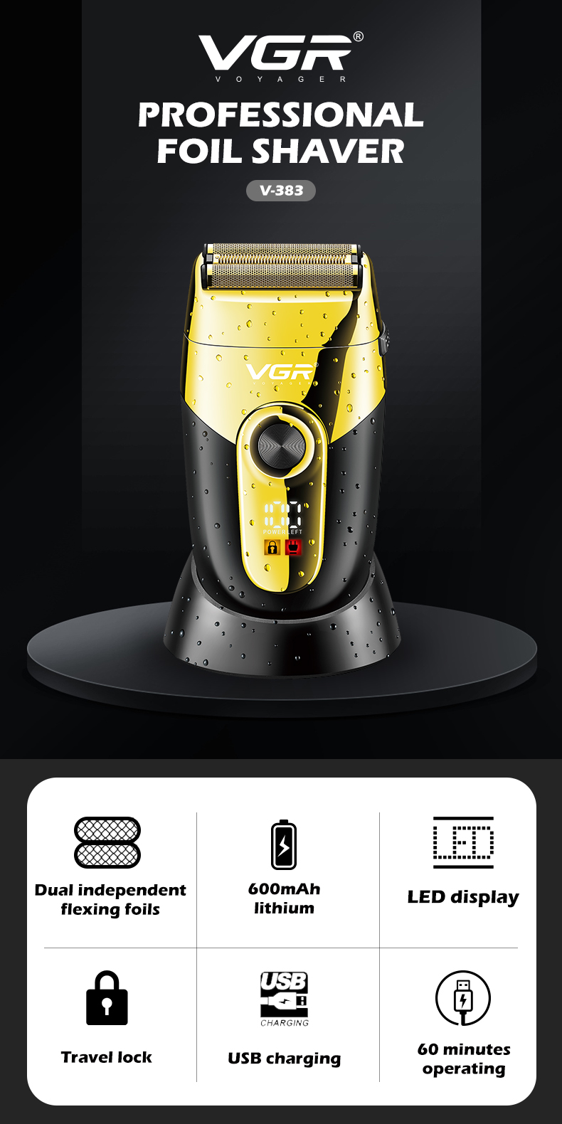 VGR383 Cross-border new LCD digital display retro razor IPX4 water-washable reciprocating razor Whitening device pic 1