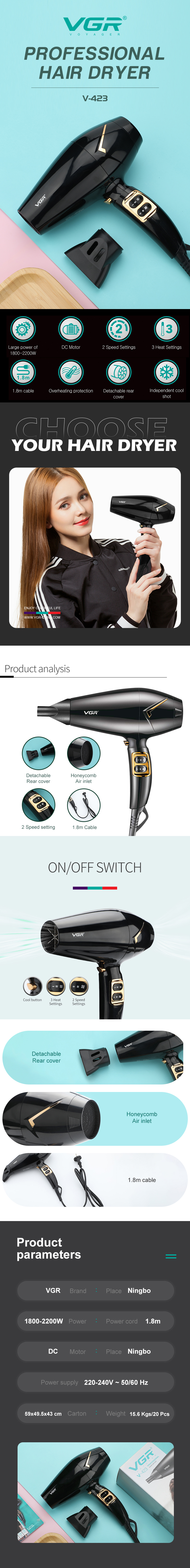 VGR Cross-border High-power Hair dryer, Home smart temperature-controlled hair care, hair salon, Hairstylist V-423 pic 1
