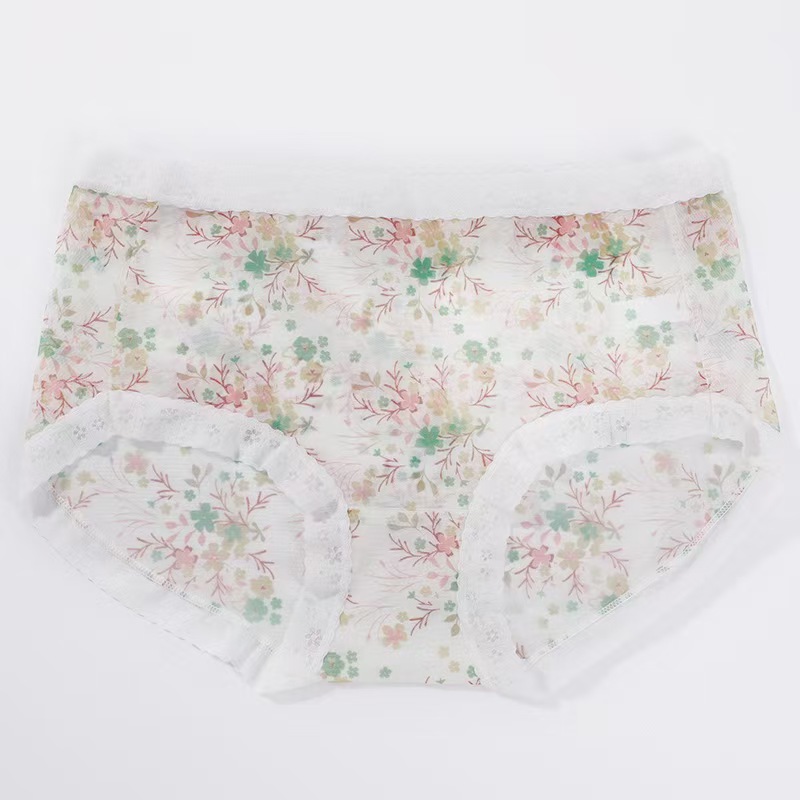 W-38# HM Summer Mesh Thin Women's mid-waist Underwear for export to the Middle East and Africa, Large size sexy floral print Girls' underwear, nude women's triangle Underwear, QNI Specification drawing