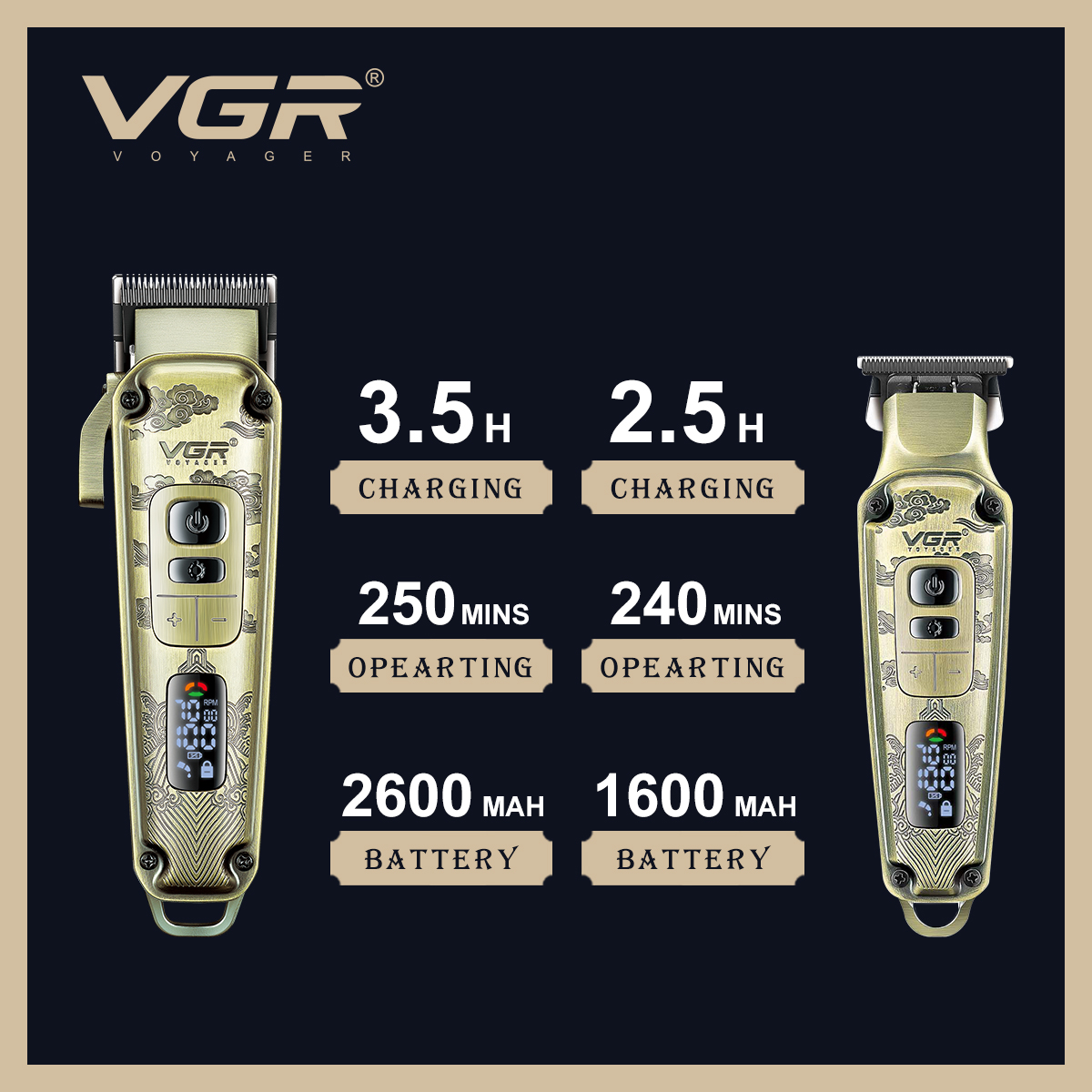 VGR643 Professional hair salon electric hair clipper set, retro oil head rechargeable engraved electric hair clipper details Picture