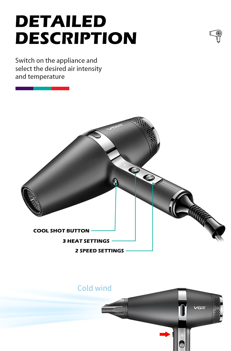 VGR451 hair dryer for household wholesale, high-power negative ion hair care, hair salon, hairdresser, hair dryer pic 3