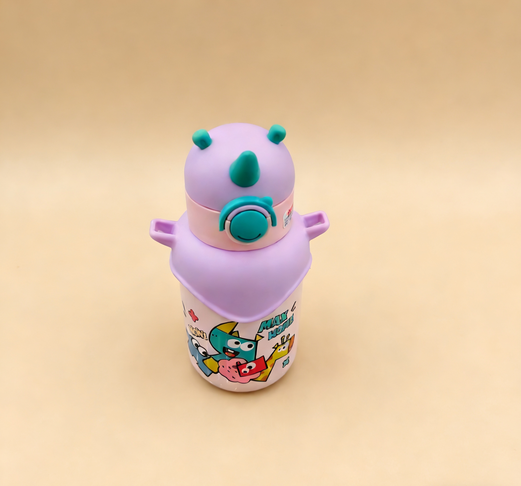 Cartoon pattern dinosaur-shaped children's stainless steel insulated cup with double-ear handle, portable straw insulated water cup wholesale details Picture