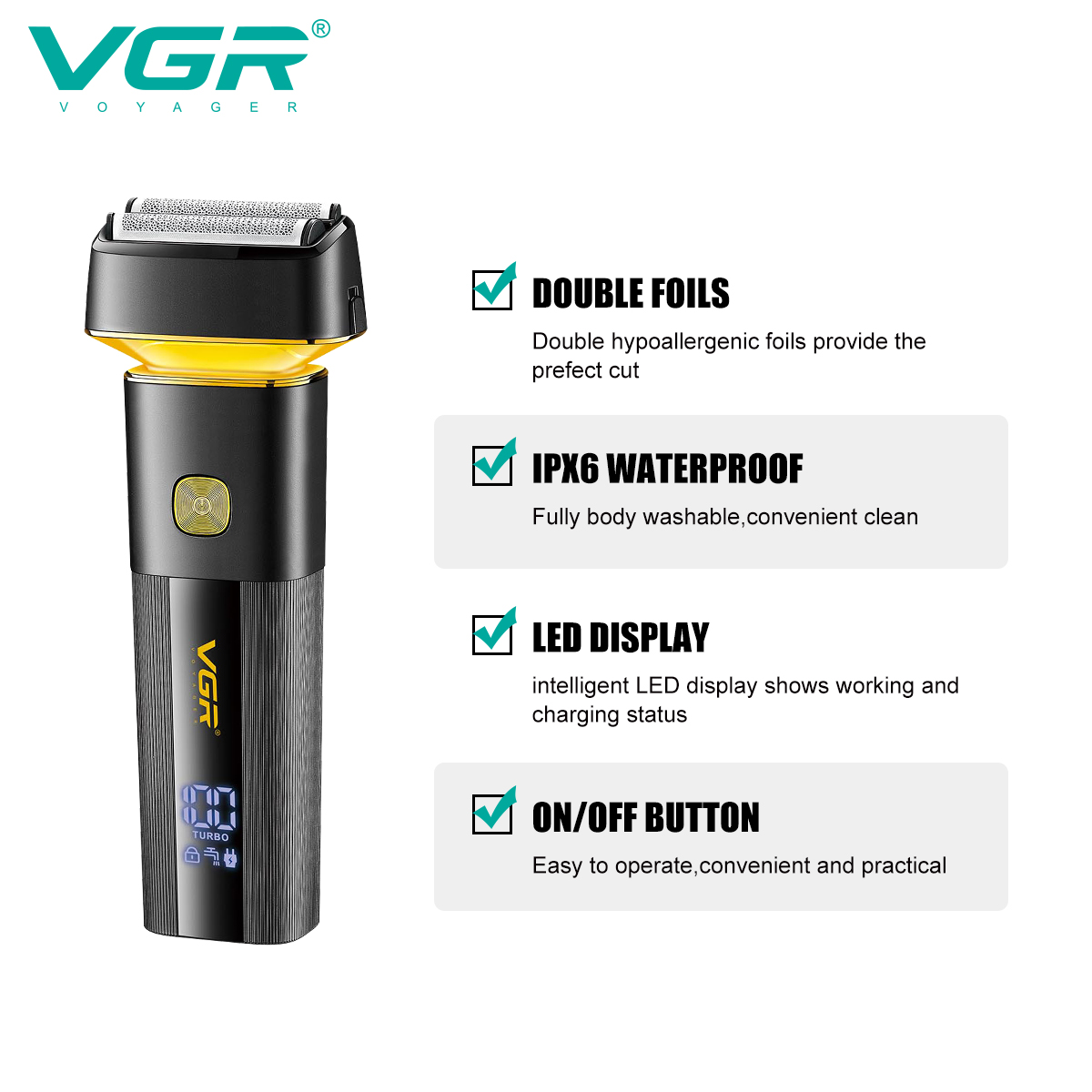 VGR355 reciprocating razor wholesale portable household men's black LCD digital display waterproof electric shaver Specification image