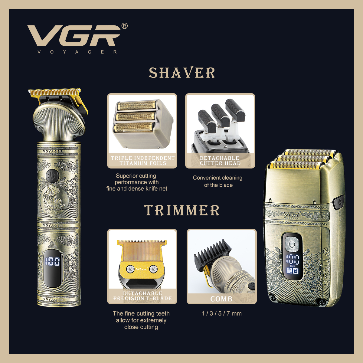VGR649 Large and Small hair clipper set, Electric hair clipper, men's oil-tipped engraved electric clipper, electric shaver Specification image