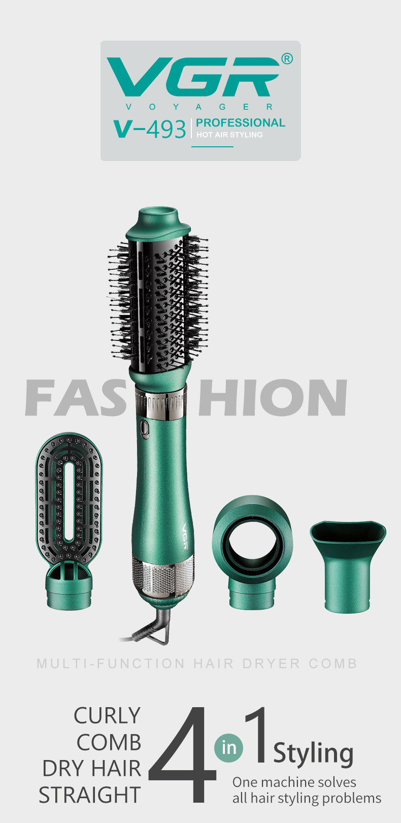 VGR493 Cross-border new four-in-one negative ion hair straightening comb, multi-functional dry and wet dual-purpose hot air comb, hair dryer pic 1