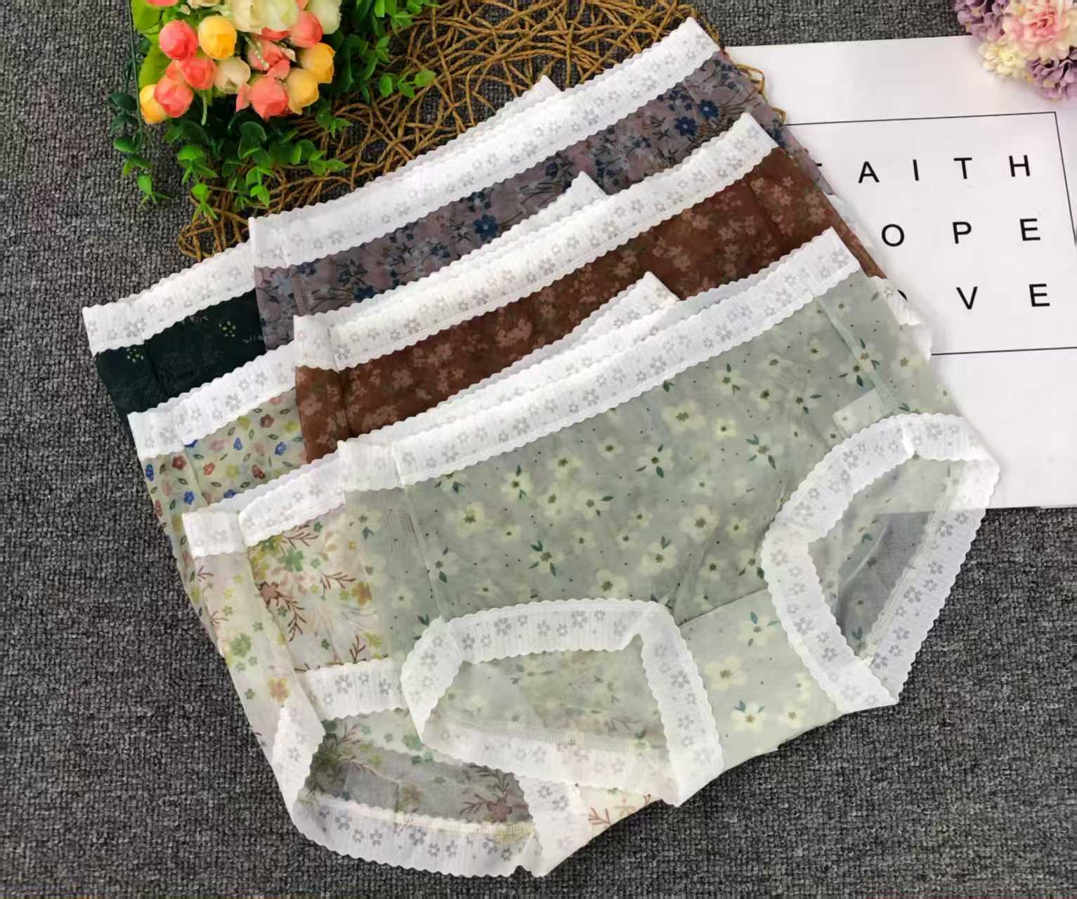 W-38# HM Summer Mesh Thin Women's mid-waist Underwear for export to the Middle East and Africa, Large size sexy floral print Girls' underwear, nude women's triangle Underwear, QNI full figure