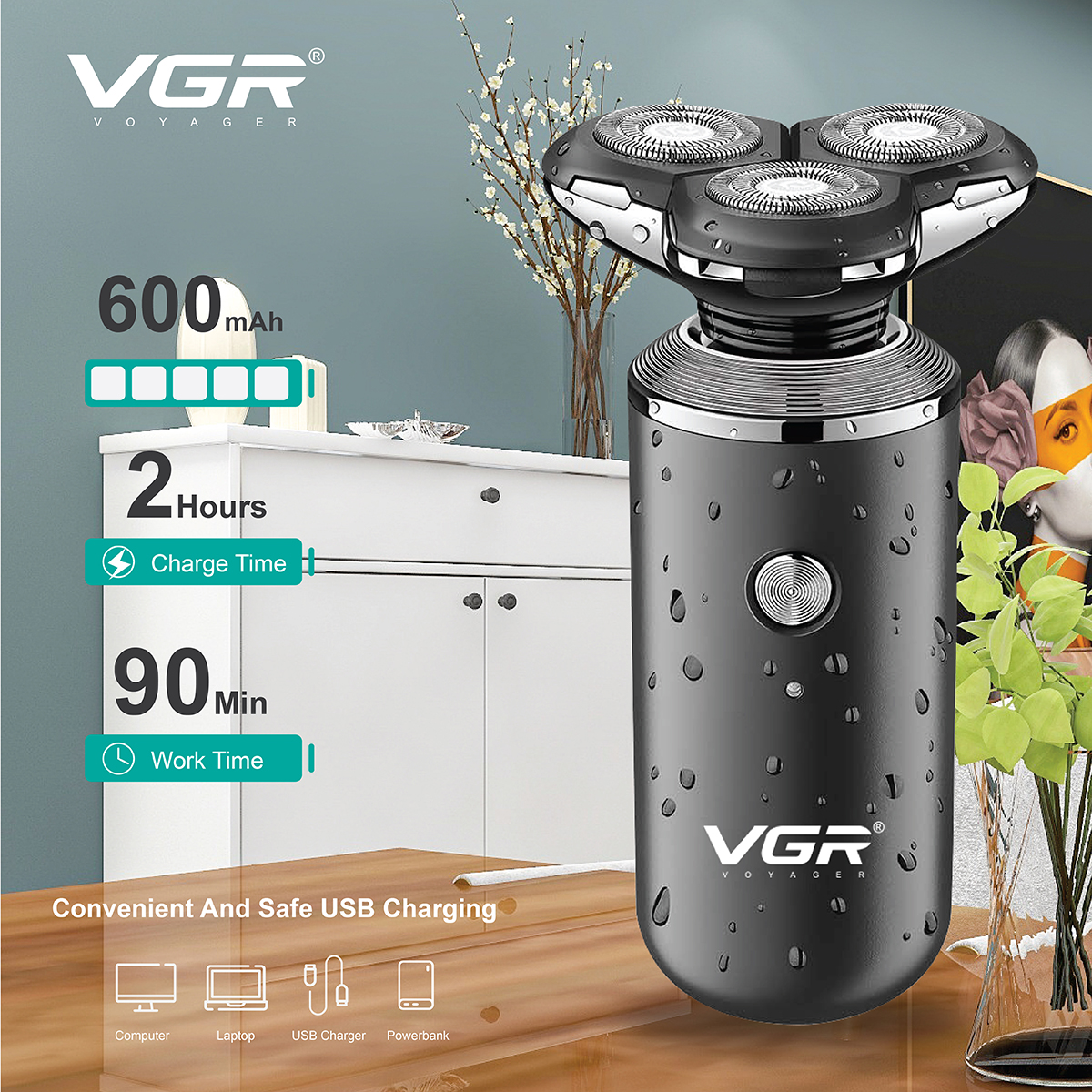 VGR317 Three-head electric rotary shaver for home use, USB plug and charge, 6-level waterproof men's razor Application Scenario